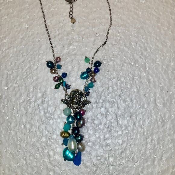 VINTAGE UNWORN STERLING SILVER CHERUB ANGEL  MULTI PEARL NECKLACE - Picture 9 of 10